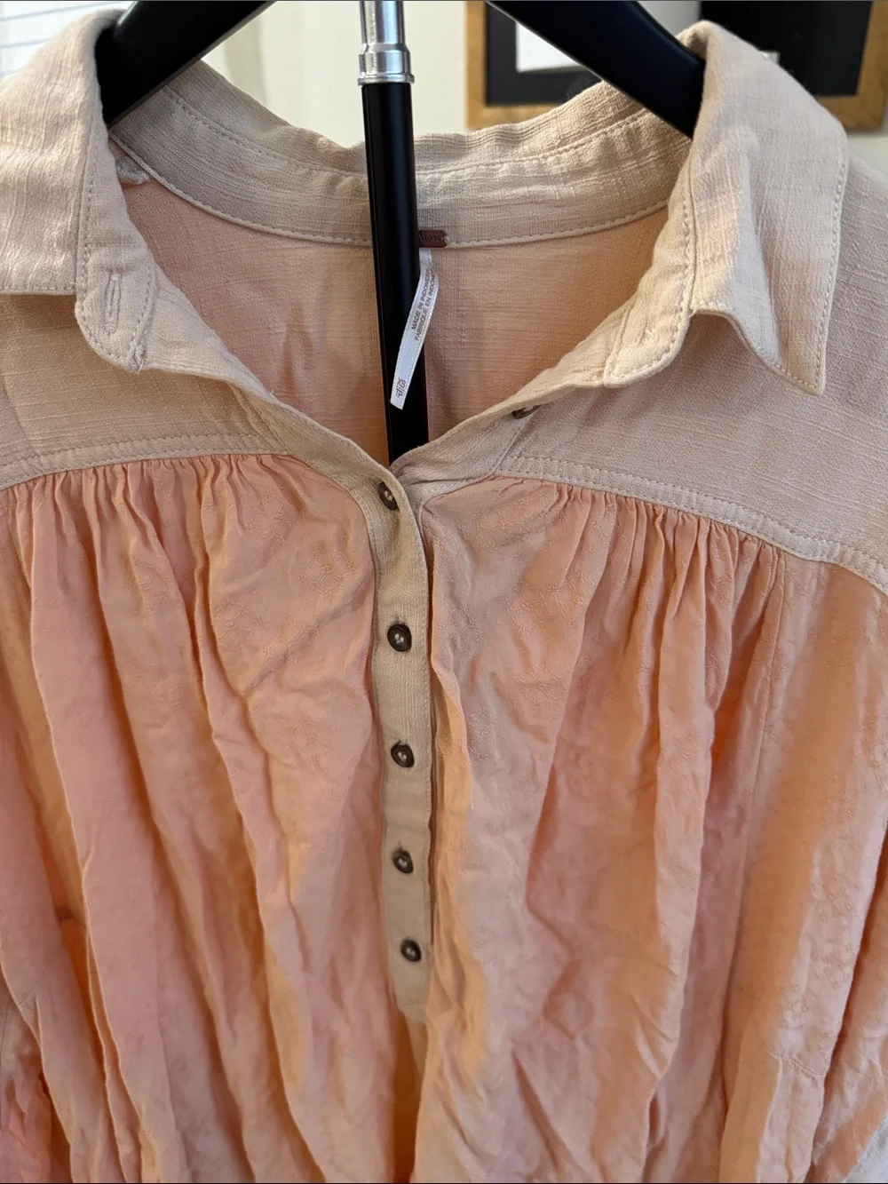 #842 FREE PEOPLE Peach 2-Tone Half Button Boho Flowy Oversized Blouse w Pockets